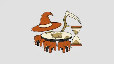 Flat illustration of a wizard hat, a scythe, an hourglass, and four elephants supporting a flat world on a gray background