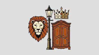 Flat illustration of a lion head, a vintage street lamp, a golden crown, and a wooden wardrobe on a gray background