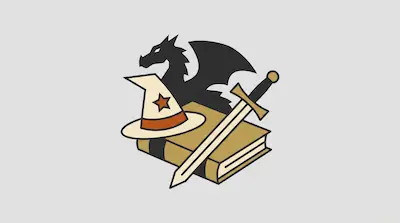 Flat illustration of a black dragon silhouette behind a wizard hat, a sword, and a thick book on a grey background