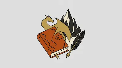 Flat illustration of a brown leather book, a golden dragon silhouette, a quill, and snowy mountains on a gray background
