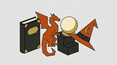 Flat illustration of a spell book, an orange dragon silhouette, a crystal ball, and a wizard hat on a grey background