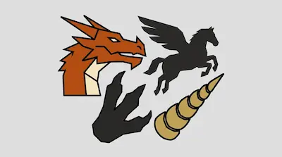 Flat illustration of a dragon head, a pegasus silhouette, a claw, and a unicorn horn on a light gray background