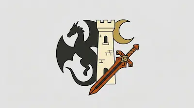Flat illustration of a black dragon silhouette, a white stone tower, a crescent moon, and a sword on a grey background