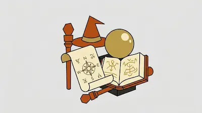 Flat illustration of wizard items including a pointed hat, a crystal ball, a magic staff, and an open spell book.