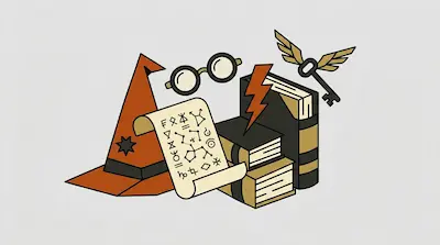 Flat illustration of a wizard hat, round glasses, a scroll with runes, and a winged key on a light gray background