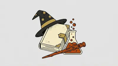 Flat illustration of a wizard hat with stars, a spell book, a bubbling potion flask, and a wooden magic wand.