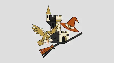 Flat illustration of a wizard hat, a flying owl with a scroll, and a castle tower on a light grey background