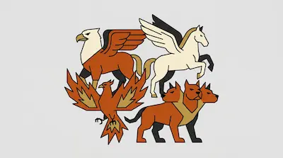Flat illustration of a griffin, pegasus, phoenix, and cerberus in a geometric style on a light gray background