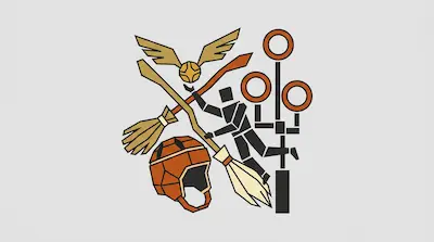 Flat illustration of a quidditch player with a broomstick, golden snitch, and goal hoops on a light grey background