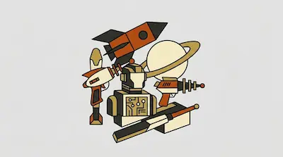 Flat illustration of a retro robot, a ringed planet, and a rocket ship in orange and cream tones on a grey background