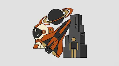 Flat illustration of an orange spaceship, a ringed planet, and an astronaut helmet against a light grey background