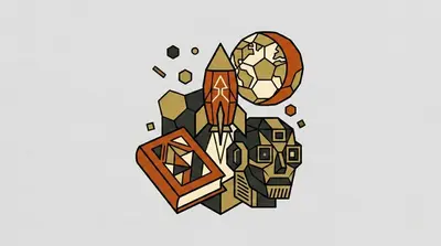 A closed book, a pointed rocket, a segmented globe, and a angular mechanical head clustered together.