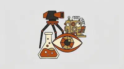 Flat illustration of a camera on a tripod, a bubbling beaker, and a mechanical eye in orange and black tones.