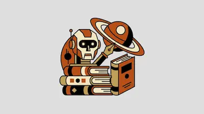 Flat illustration of a robot head behind a stack of books, holding a fountain pen near a ringed planet