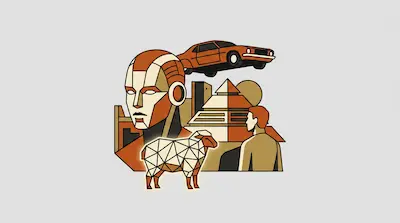 Flat illustration of a robotic face, a flying car, a geometric sheep, and a man in a futuristic orange and tan palette