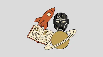 Flat illustration of an orange rocket, a robotic head, an open book, and a ringed planet on a light gray background