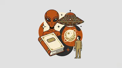 Flat illustration of an orange alien, a flying saucer, a large book, and a small human figure on a gray background