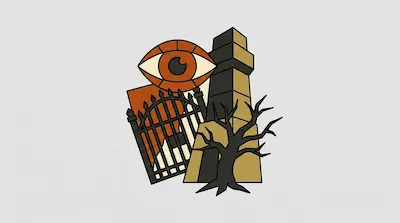 Flat illustration of a large orange eye, a black iron gate, and a leafless tree against a gray background