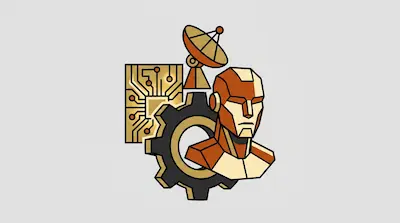 Flat illustration of a robotic head, a large gear, a satellite dish, and a circuit board on a light gray background