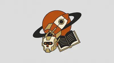 Flat illustration of a rocket ship orbiting a planet, a robot head, and an open book on a light gray background
