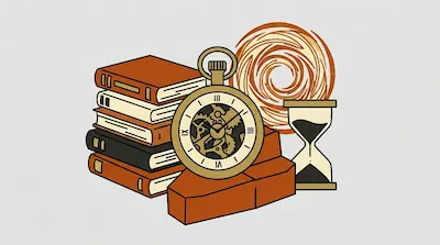 Flat illustration of a stack of books, a gold pocket watch, and an hourglass against a swirling orange sun background
