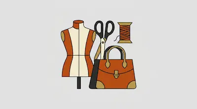 Flat illustration of a tailor mannequin, scissors, a spool of thread, and a leather handbag on a gray background