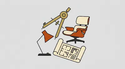 Flat illustration of an architect's tools including a large compass, a desk lamp, a floor plan, and a lounge chair.