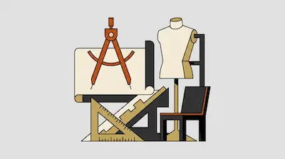 Flat illustration of design tools including a compass, a dress form, and a set square on a light gray background