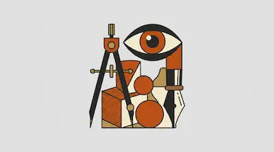 Flat illustration of a large eye, a drawing compass, and a fountain pen nib with geometric shapes in orange and black