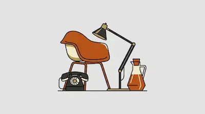 Flat illustration of a mid-century modern chair, a rotary telephone, and a desk lamp on a light gray background