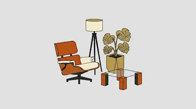 Flat illustration of a mid-century lounge chair, a tripod floor lamp, and a potted monstera plant on a gray background