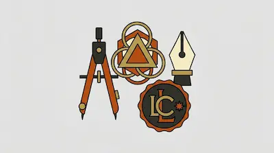 Flat illustration of a drafting compass, a fountain pen nib, and a circular seal with letters on a gray background