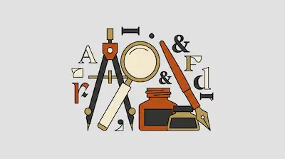 Flat illustration of drafting tools including a compass, magnifying glass, and ink bottles with serif typography.