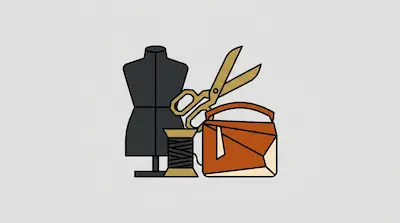Flat illustration of a black mannequin, gold scissors, a spool of thread, and a brown leather bag on a gray background