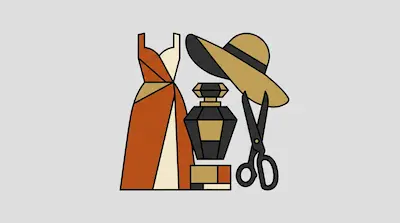 Flat illustration of a dress, a wide brimmed hat, scissors, and a perfume bottle in earth tones on a gray background