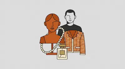 Flat illustration of a terracotta bust with pearls, a patterned jacket, and a perfume bottle on a grey background