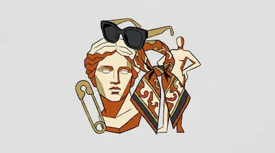 Flat illustration of a classical bust wearing sunglasses, a patterned scarf, and a safety pin on a gray background