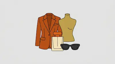 Flat illustration of an orange blazer, a perfume bottle, black sunglasses, and a mannequin torso on a gray background