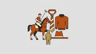 Flat illustration of a polo player on a horse, a striped tie, a sweater, and a hat in orange and tan tones