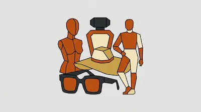 Flat illustration of a mannequin, sunglasses, and a perfume bottle in orange and tan tones on a gray background