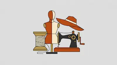 Flat illustration of a sewing machine, a dressmaker mannequin, a wide brimmed hat, and a spool of thread on a grey background