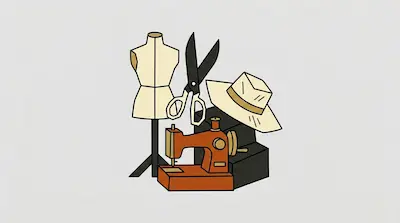 Flat illustration of a dressmaker mannequin, a vintage sewing machine, and large scissors on a light gray background