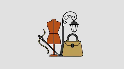 Flat illustration of a dress form, a vintage street lamp, a handbag, and a needle with thread on a grey background