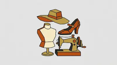 Flat illustration of a dressmaker mannequin, a wide brimmed hat, a high heel shoe, and a vintage sewing machine