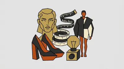 Flat illustration of a stylized face, high heels, a measuring tape, and a fashion model on a gray background
