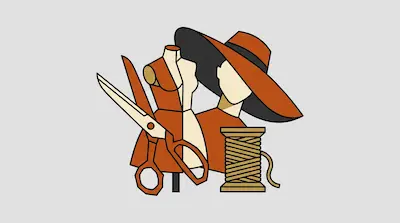 Flat illustration of a dressmaker mannequin, large orange hat, scissors, and a spool of thread on a gray background