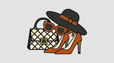 Flat illustration of a quilted handbag, orange high heels, sunglasses, and a black wide-brimmed hat on a gray background