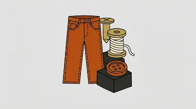 Flat illustration of orange trousers next to a spool of thread, a large button, and a nail on a light grey background