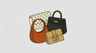 Flat illustration of four designer handbags including a quilted clutch and a brown hobo bag on a grey background
