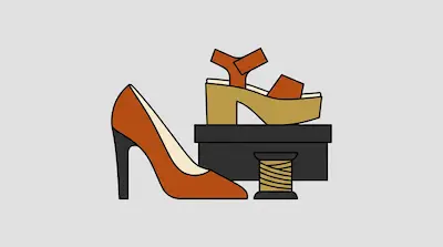 Flat illustration of a brown high heel shoe, a platform sandal on a box, and a spool of thread on a gray background